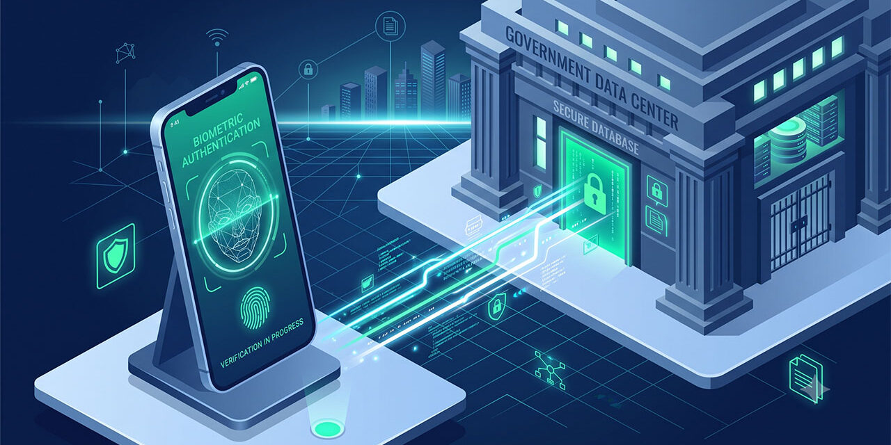 Proceso de validación biométrica KYC conectando un escaneo facial con bases de datos gubernamentales para bancos y fintechs.