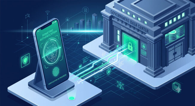 Proceso de validación biométrica KYC conectando un escaneo facial con bases de datos gubernamentales para bancos y fintechs.