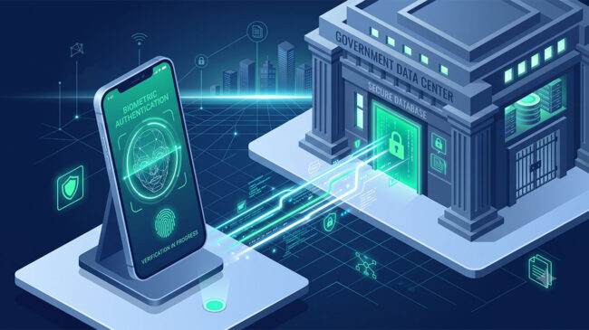 Proceso de validación biométrica KYC conectando un escaneo facial con bases de datos gubernamentales para bancos y fintechs.
