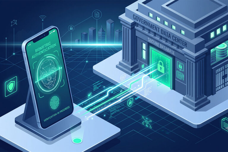 fimpe-blog-kyc-100726 Proceso de validación biométrica KYC conectando un escaneo facial con bases de datos gubernamentales para bancos y fintechs.